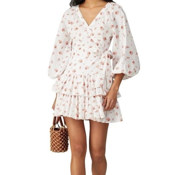 Maia Bergman Floral Ines White Red Flower Wrap Front V-Neckline Dress - Picture 1 of 10